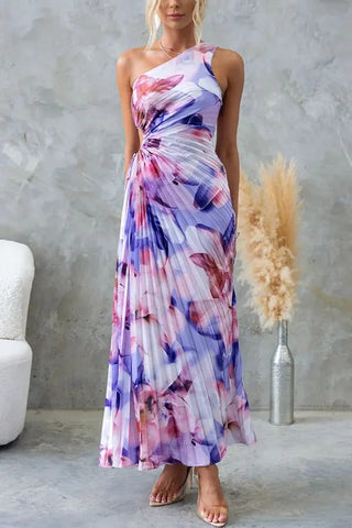 Laken Floral Print One Shoulder Adjustable Tie Cutout Pleated Maxi Dress