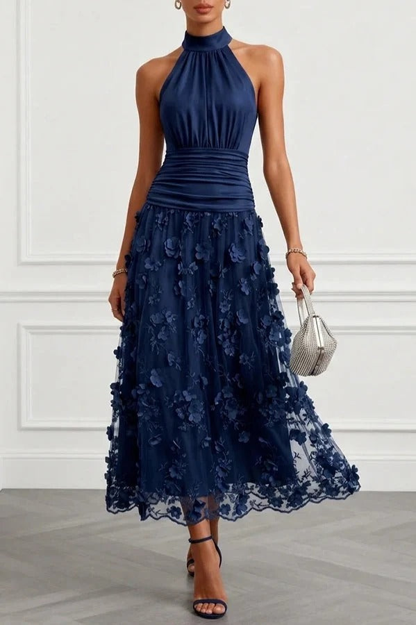 Purplish Blue 3D Floral Appliqué Lace Halter Neck Sleeveless A-Line Maxi Dress