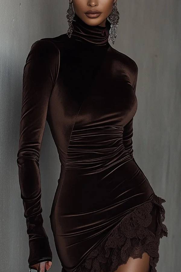 Chocolate Velvet Turtleneck Lace Hem Fitted Mini Dress