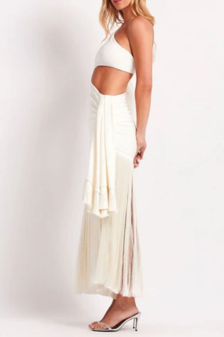 Amazing Type One Shoulder Cutout Drape Tassle Trim Stretch Maxi Dress