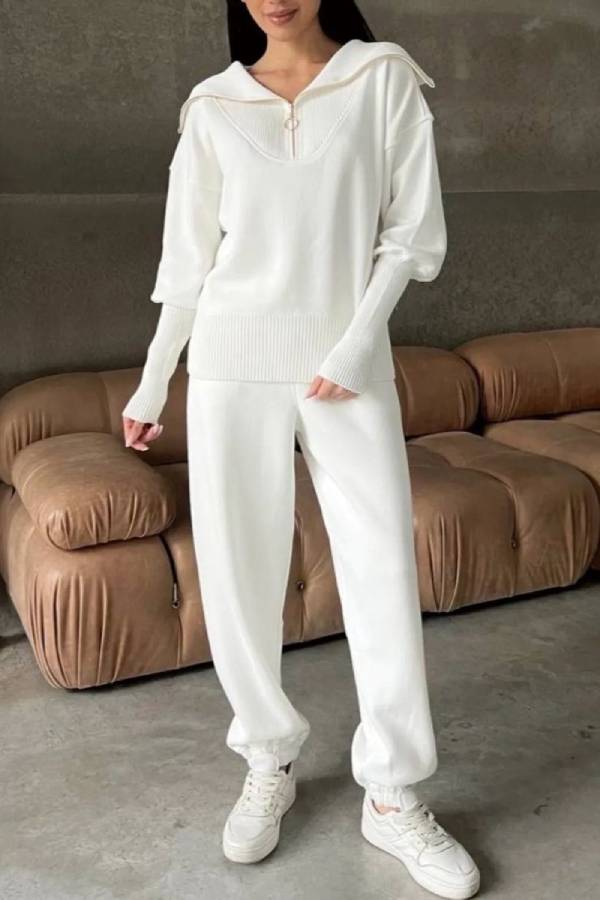 Half-open collar zipper lazy style knitted suit