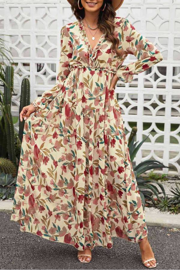 V-neck ruffled floral maxi dress with waist and wide hem
