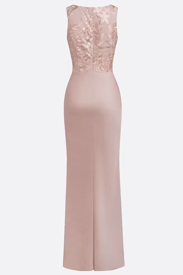 Vera Mesh Embroidery Satin Ruched Crew Neck Sleeveless Gown Maxi Dress