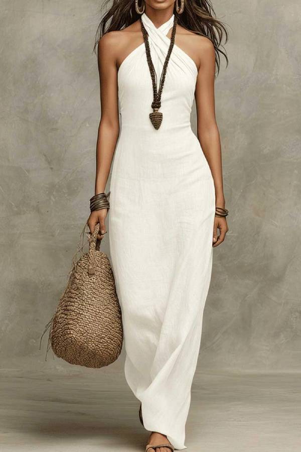 Cross Halter Linen Fitted Vacation Maxi Dress