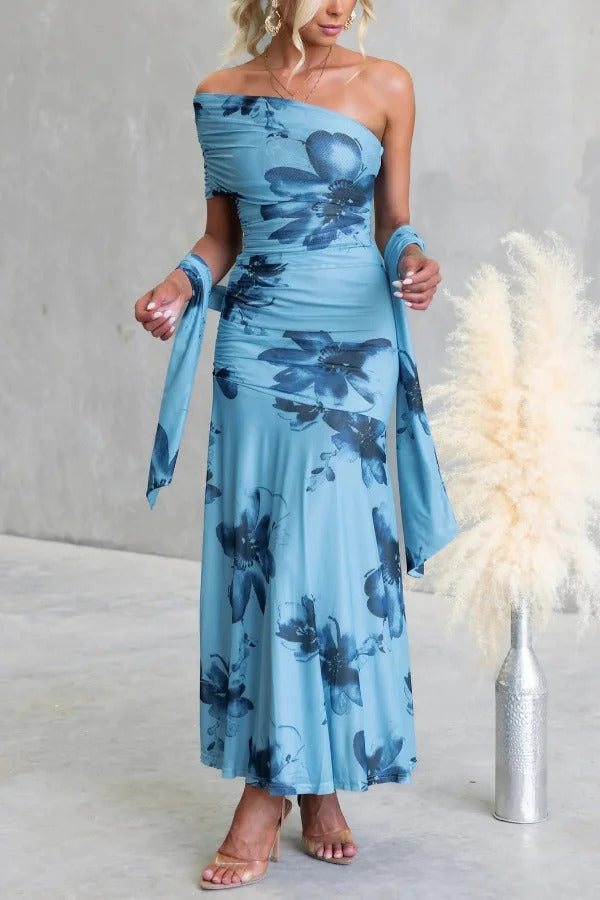 Floral Print Elegant Mesh Off-shoulder Fitted Maxi Dress