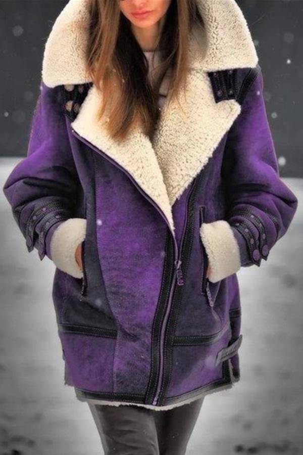 Retro-style shearling motorcycle jacket with large lapel