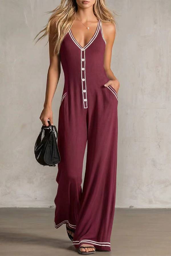 Contrast White Trim V-Neck Spaghetti Strap Single Button Draped Wide Leg Jumpsuit