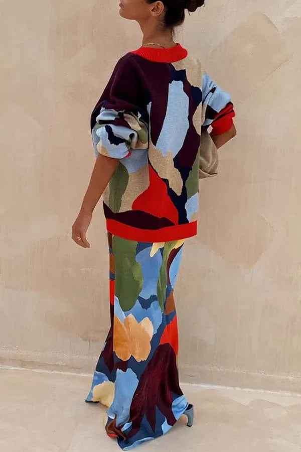 Bright and Bold Satin Abstract Color Blocks Print Elastic Waist Drape Maxi Skirt