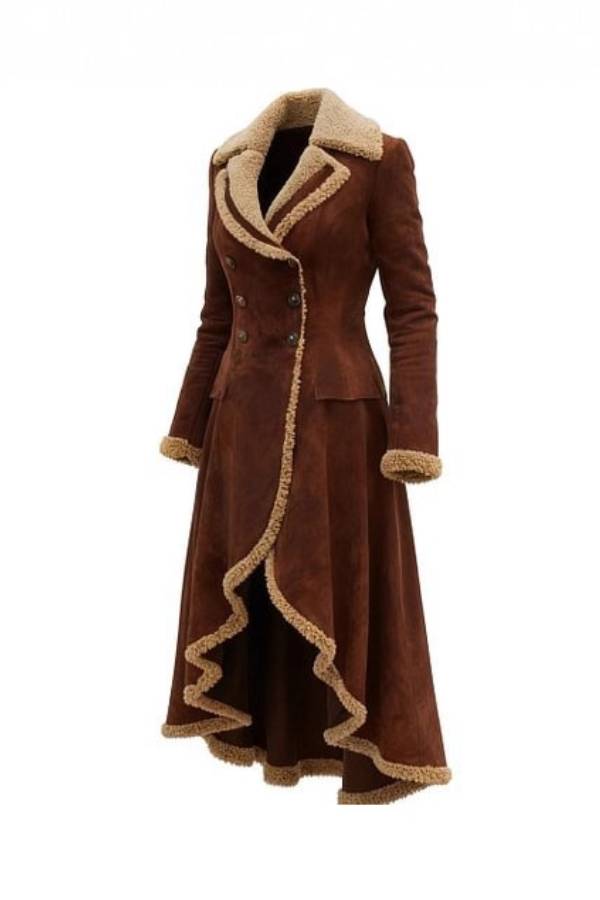 Suede coat with irregular hem and fur trim