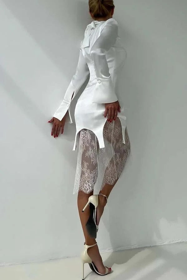 Melissa Satin High Neck Long Sleeve Curved Hem Top and Lace Midi Skirt Set