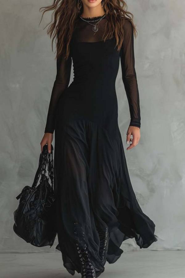 Black Mesh Patchwork Sheer Long Sleeve Flowy Maxi Dress