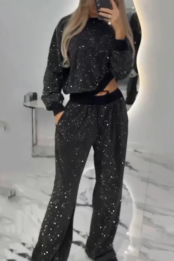 Stylish Shiny Long-sleeved Crew Neck Loose Top and Elastic Waist Drawstring Wide Leg Pants Set