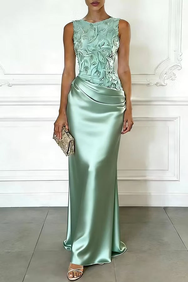 Vera Mesh Embroidery Satin Ruched Crew Neck Sleeveless Gown Maxi Dress