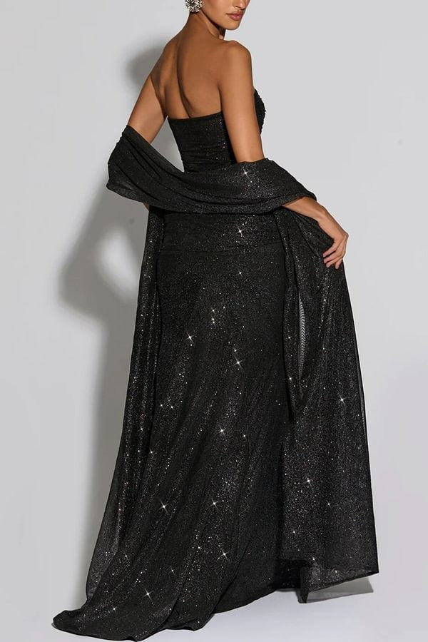 Paula Sequined Mesh and Jersey Off Shoulder Ruched Knot Drape Shawl Maxi Dress
