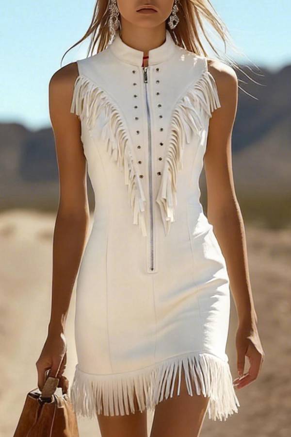 Western Stand Collar Rivet Zip Front Double Fringe Bodycon Mini Dress
