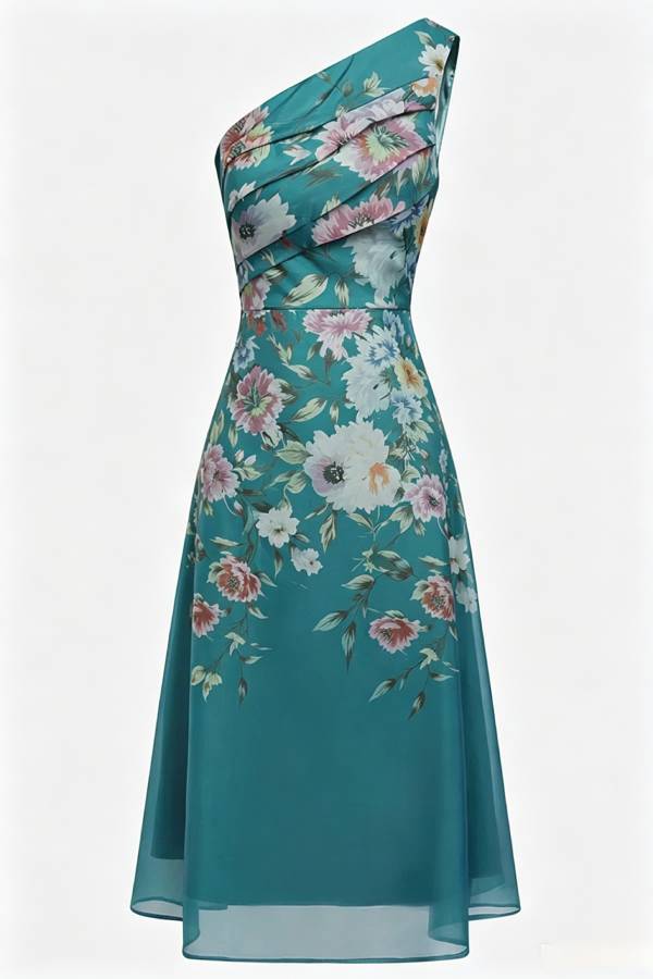 Darla Tulle Floral Ruched One Shoulder Sleeveless A-Line Midi Dress