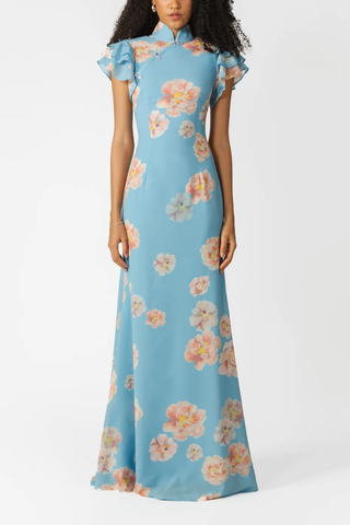 Cheongsam Style Peach Flower Print Multi-layered Trumpet Sleeve Stretch Long Dress