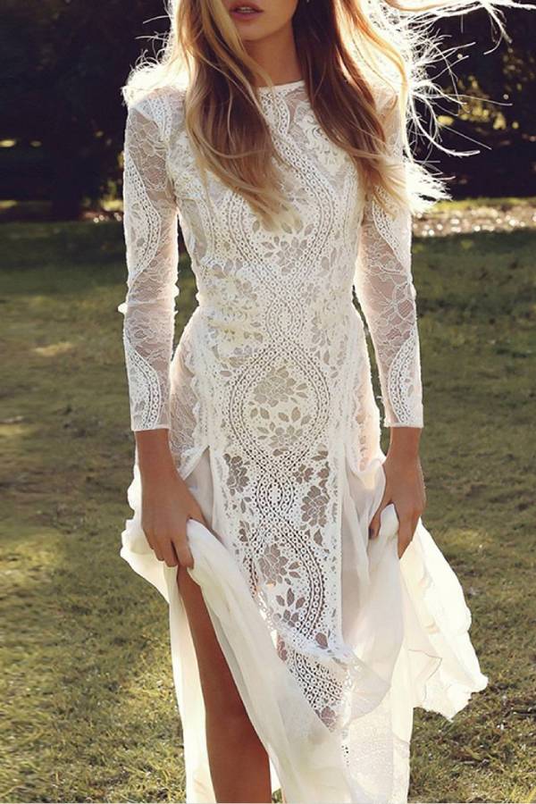 Lace open back long sleeve fairy trailing wedding dress