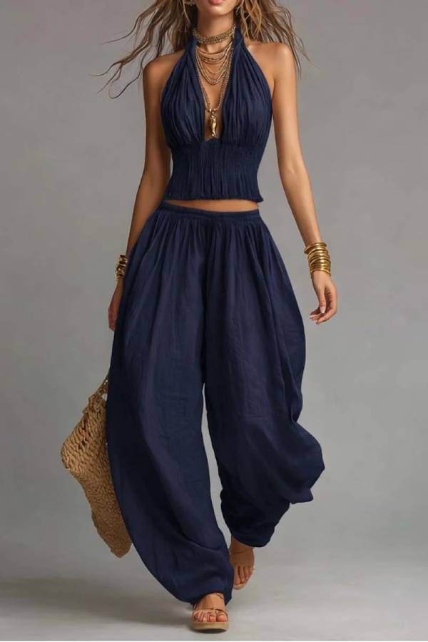 Halter Deep-V Ruched Crop Top & High Waist Harem Wide Leg Pants Two-Piece Set
