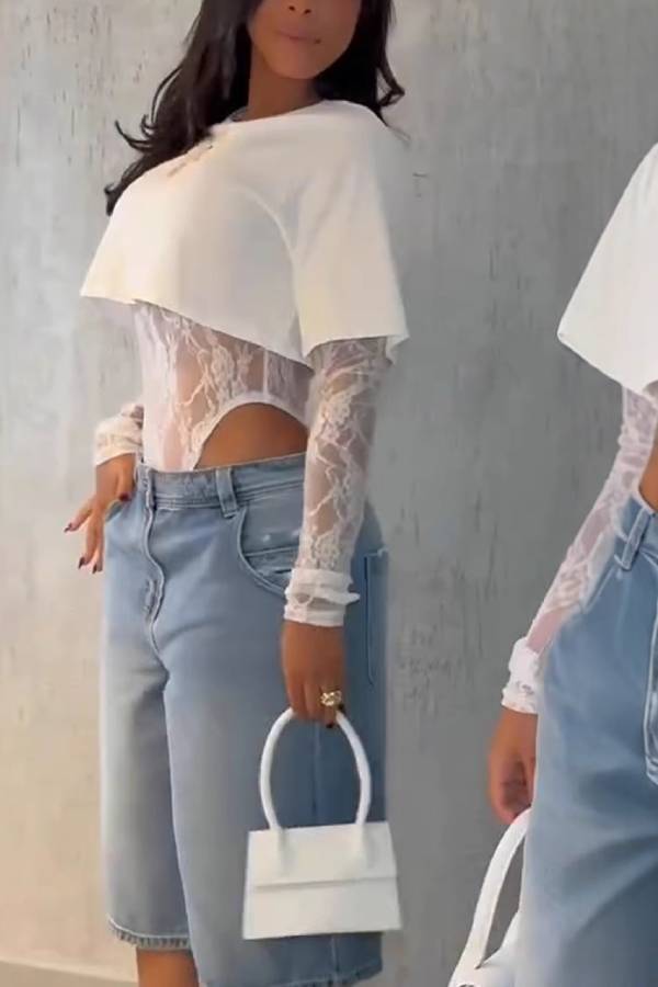Lace see-through long-sleeved short two-piece top