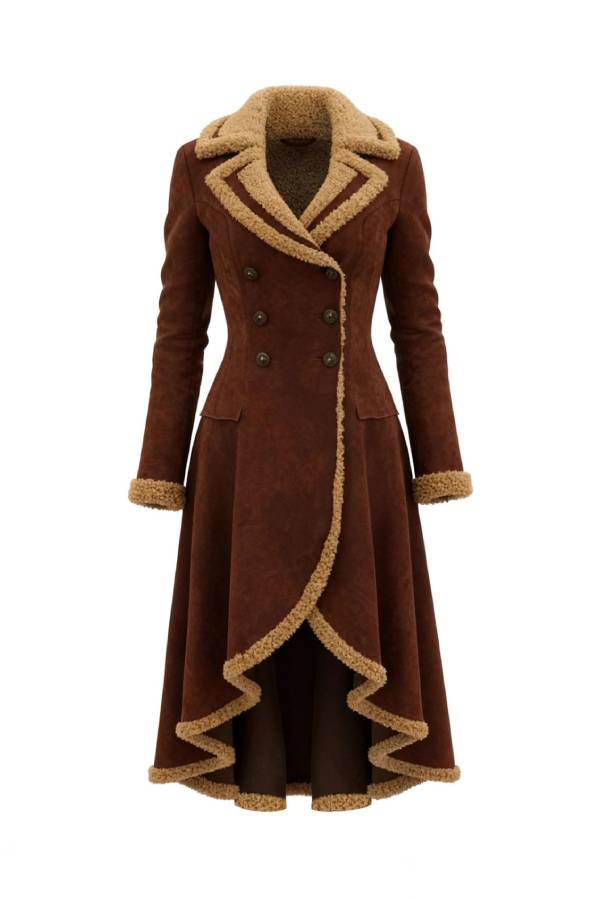 Suede coat with irregular hem and fur trim