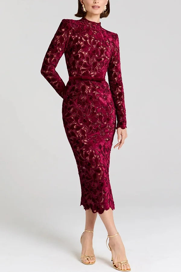 Diane Velvet Embroidered Floral Lace Long Sleeve Belt Scallop Edge Midi Dress