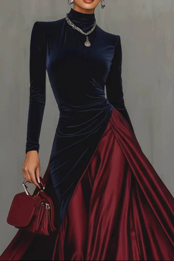 Blue Velvet And Burgundy Satin Color Block Long Dress