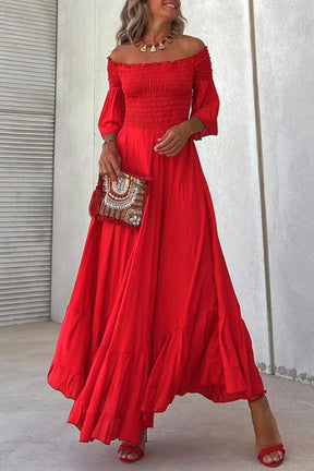 Off-the-shoulder five-quarter-sleeve bell-sleeve pleated maxi dress