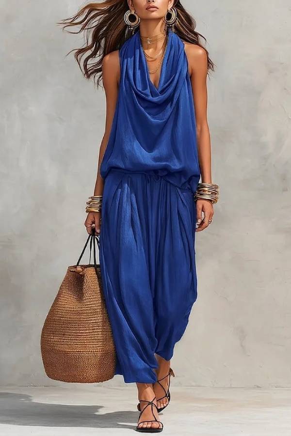 Cowl Neck Halter Sleeveless Draped Wide-Leg Two-piece Pants Set