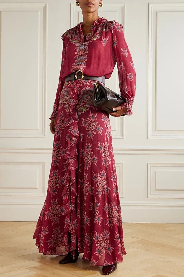 Unique Printed Chiffon Long-sleeved Loose Shirt and Elegant Ruffled Maxi Skirt Set