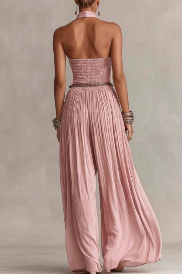 Halter Ruched Waist Wide-Leg Jumpsuit