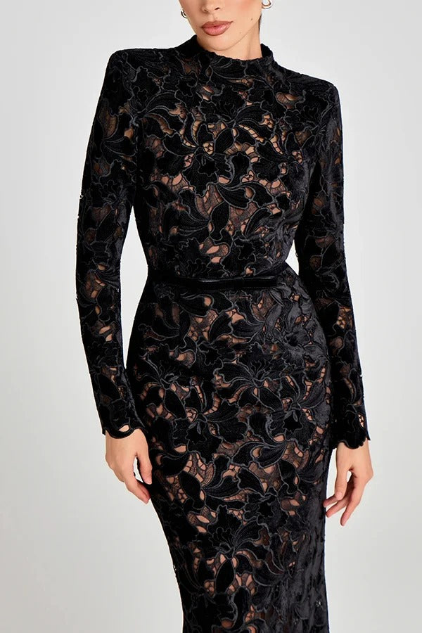 Diane Velvet Embroidered Floral Lace Long Sleeve Belt Scallop Edge Midi Dress