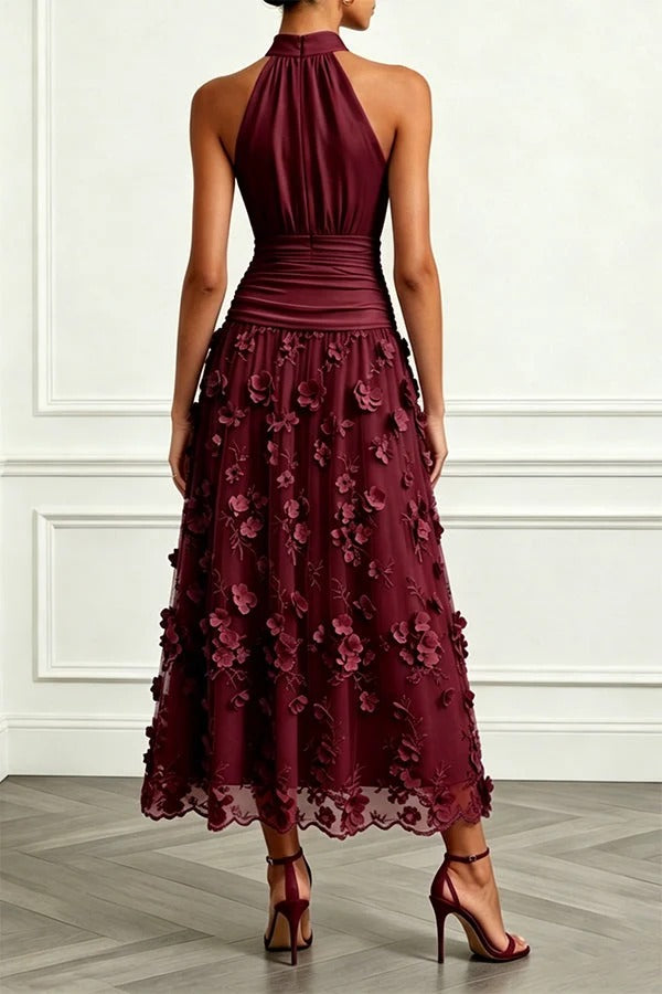 Purplish Blue 3D Floral Appliqué Lace Halter Neck Sleeveless A-Line Maxi Dress