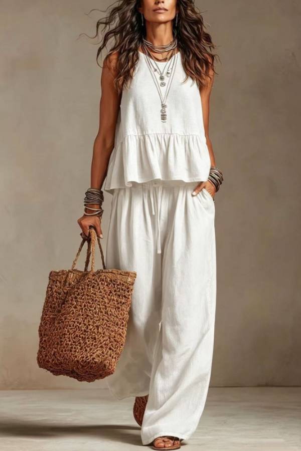 Sleeveless Ruffle Linen Top + Elastic Waist Wide-Leg Pants Set