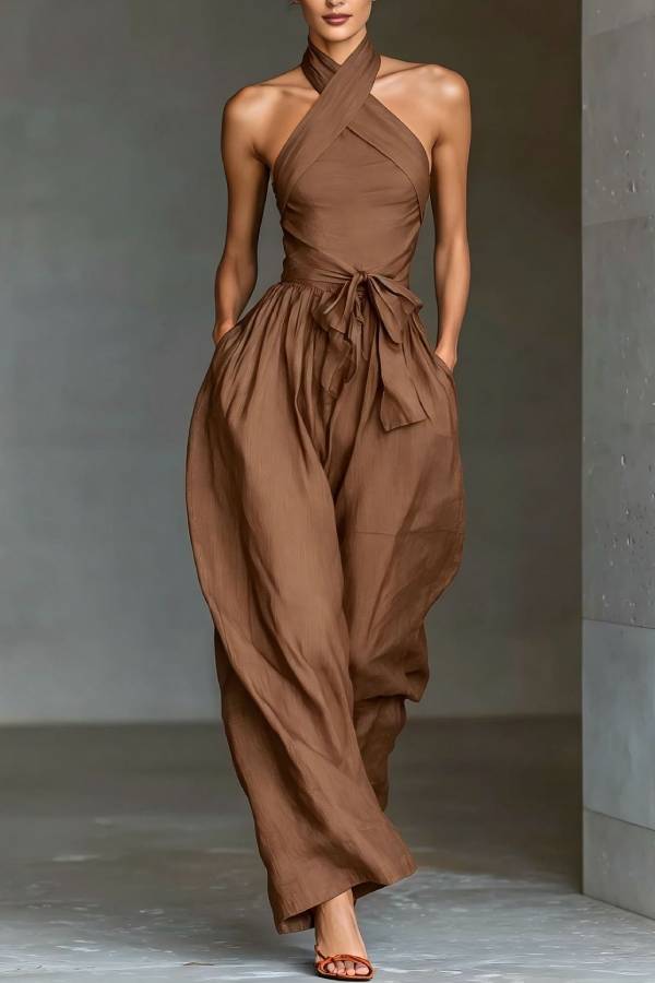 Halter Cross-Tie Waisted Wide-Leg Jumpsuit