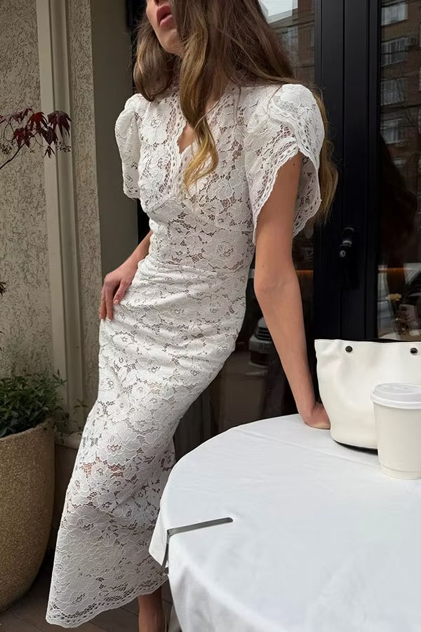 Alysin Flower Lace Wave V-neck Short Puff Sleeve Pencil Slit Midi Dress