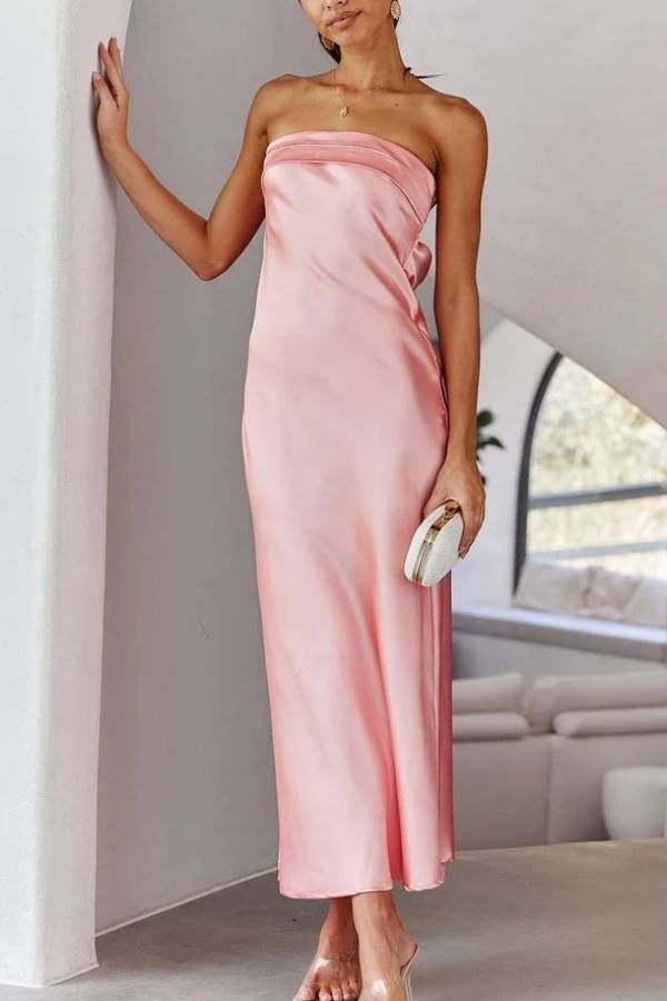 Strapless Satin & Print Fitted Maxi Dress