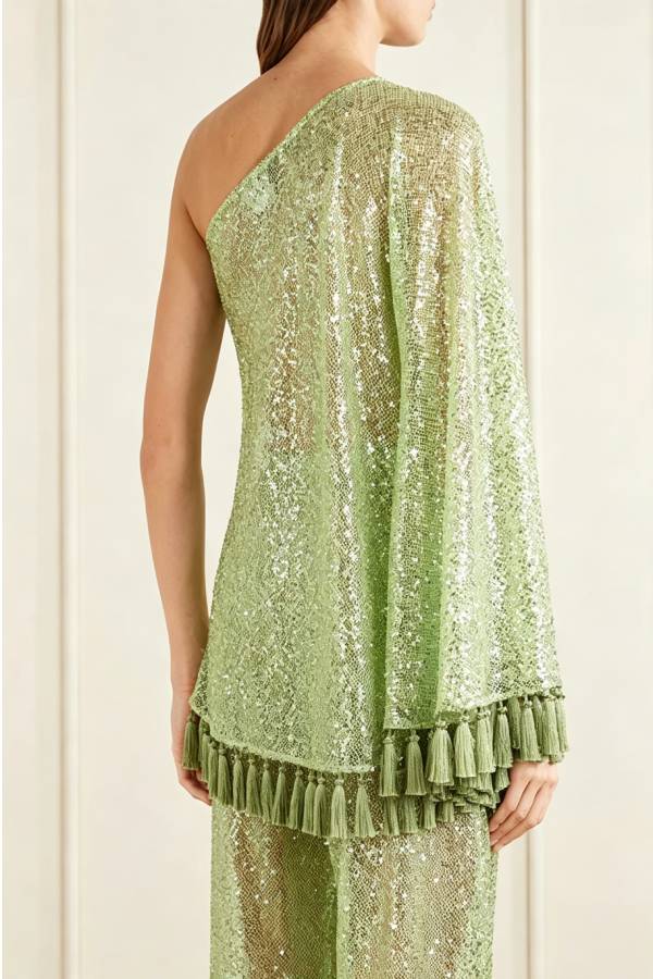 Reina Sequin Fringed Trim One Shoulder Bell Sleeve Top and High Rise Wide Leg Pants Set