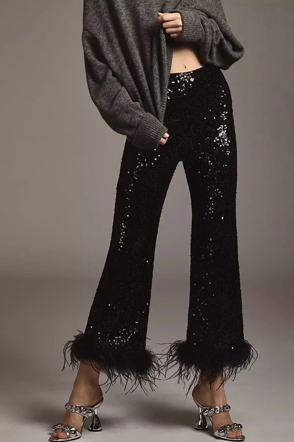 New Year Eve Sequin Feather Trim High Rise Back Zipper Flare Pants