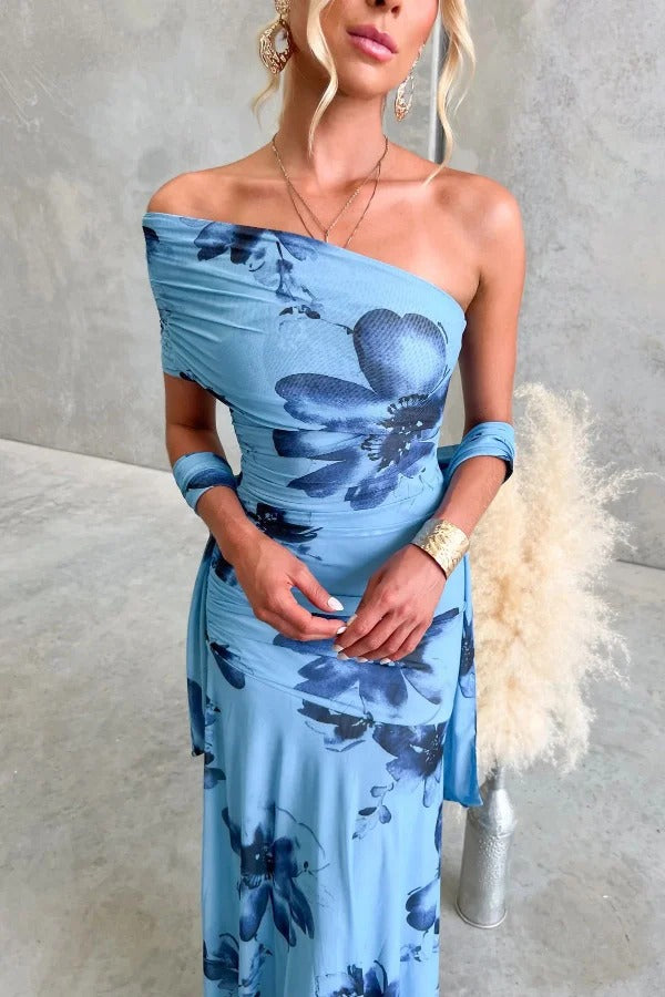 Floral Print Elegant Mesh Off-shoulder Fitted Maxi Dress