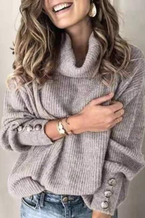 High-neck button-decorated loose knit sweater