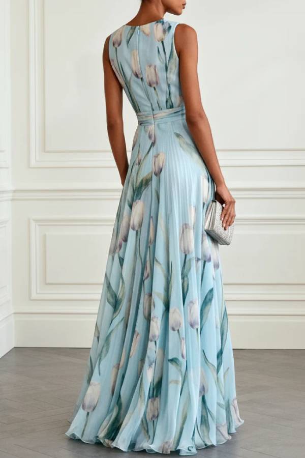 Light Blue Floral Print Chiffon V-neck Sleeveless Maxi Dress