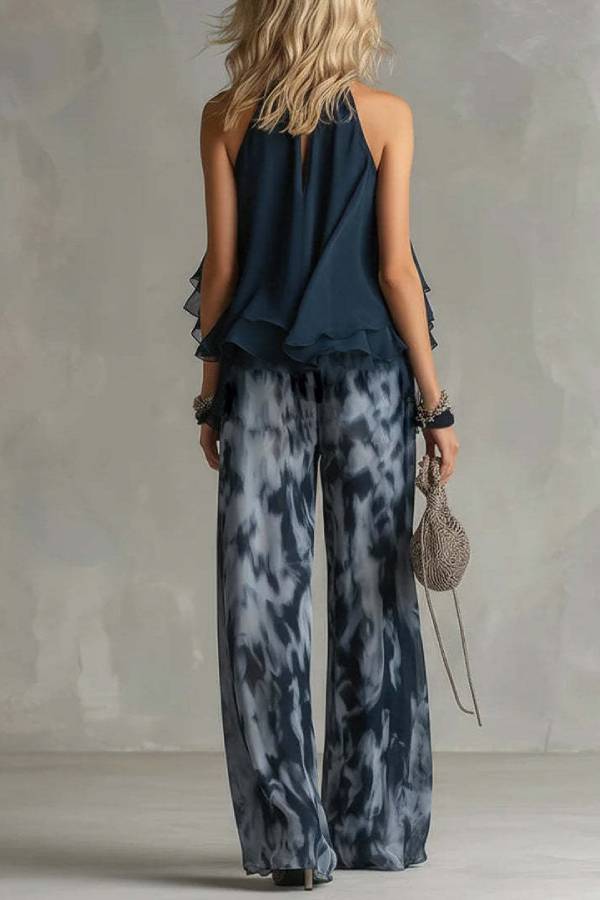 Navy Halter Chiffon Top + Tie-Dye Wide-Leg Pants Set