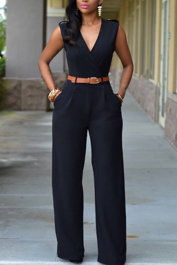 Deep V Sleeveless Waisted Wide-Leg Jumpsuit