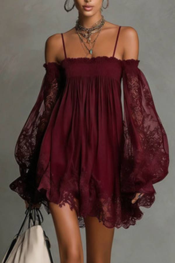 Spaghetti Strap Off-Shoulder Lace Lantern Sleeve Mini Dress