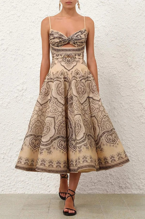 Luna Linen Blend Paisley Print Twist Back Smocked Pocket Slip Midi Dress