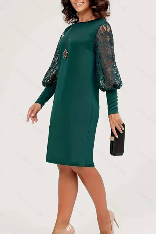 Round neck lace lantern sleeve midi dress