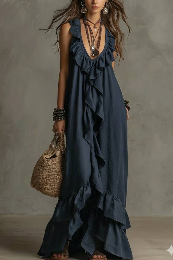 Bohemian Deep V-Neck Ruffle Sleeveless Maxi Dress