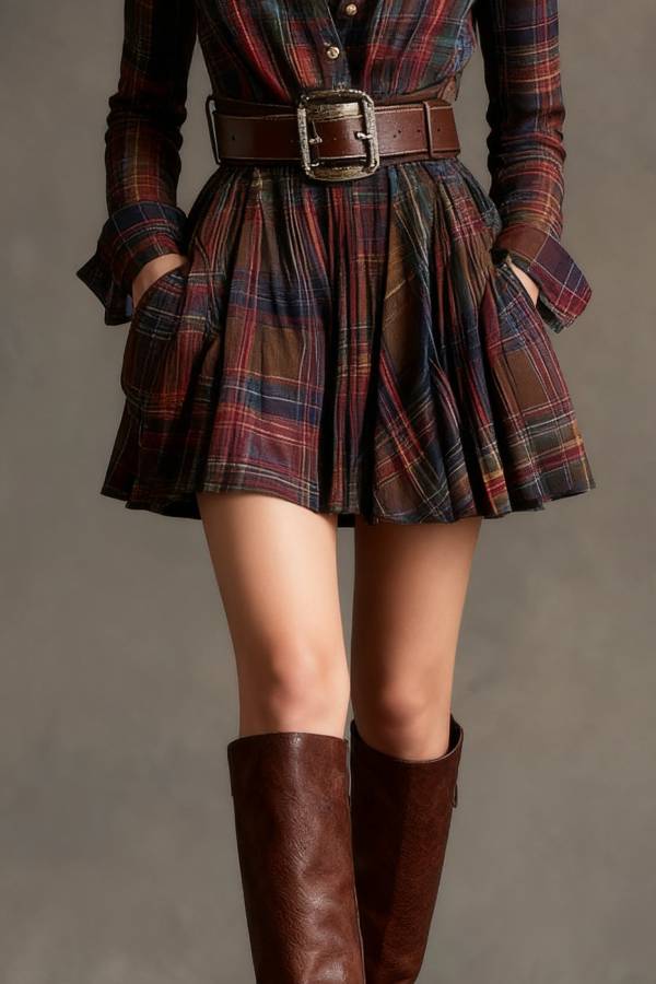 Vintage Lapel Red and Brown Plaid Mini Dress