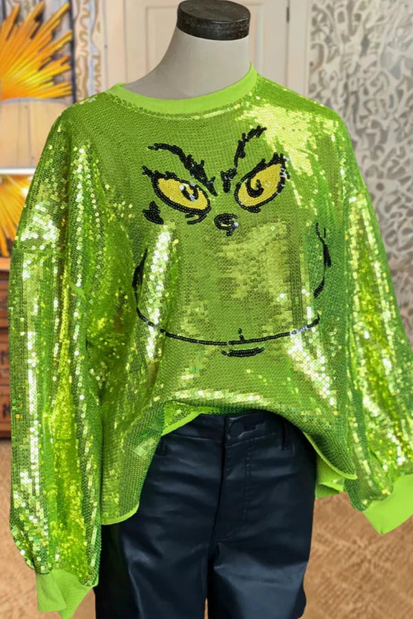 Mr Grinch Sequin Unique Pattern Long Sleeve Loose Sweatshirt